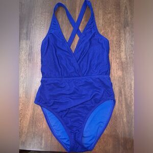 La Blanca Ribbed Royal Blue Plunge V-Neck Cross Back One-Piece Swimsuit US 4